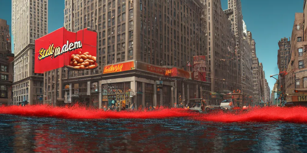 Prompt: a photograph of a sea of baked beans flowing like a river along the center of a new york street, a large panicking crowd are running towards the camera, by Claes Oldenburg, pop art, 3D render, Volumetric dynamic lighting, Highly Detailed, Cinematic Lighting, Unreal Engine, 8k, HD