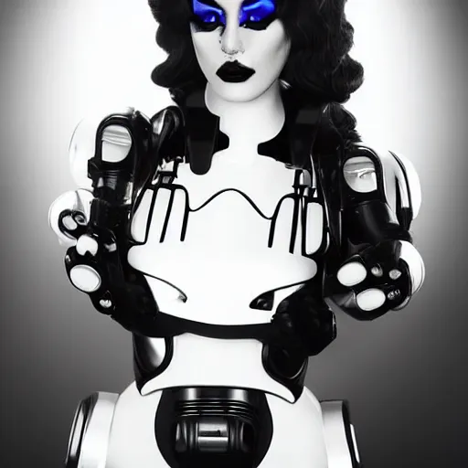 Image similar to a beautiful and seductive robot android woman with long flowing hair and bright makeup sings on stage in a dimly lit futuristic nightclub. twilight zone, dark city inspired realistic gritty award winning photographic portrait single point lighting