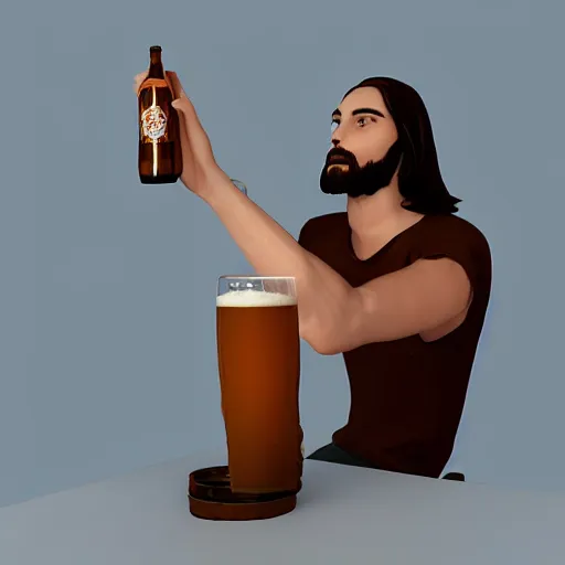 Image similar to a Jesus drinking beer, photoshop, blender, artstation, animation, 3D,