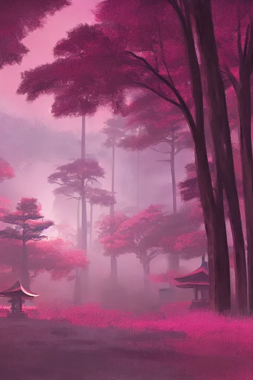 Image similar to Japanese Torii in the center of the picture , torii in a moutain with trees ,night , by Grzegorz Rutkowski, concept art, pink scheme