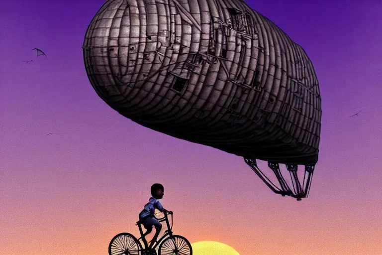 Image similar to kid rides a bicycle waving good bye to the airship at sunset, in the style of giger, intricate and epic composition, purple by caravaggio, insanely quality, highly detailed, masterpiece, purple light, artstation, 4 k