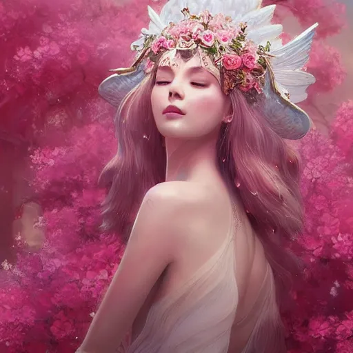 Prompt: expressive full body photo, of beautiful angel, smooth glowing skin, ornate headpiece made from pink flowers, glamour shot, by yoshitaka amano, by greg rutkowski, by jeremyg lipkinng, by artgerm, digital art, octane render