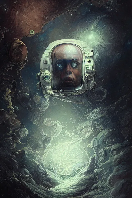 Image similar to an astronaut portrait fading into the aether, water elemental, james gurney, peter mohrbacher, mike mignola, black paper, mandelbulb fractal, trending on artstation, exquisite detail perfect, hyper detailed, intricate ink illustration, black background