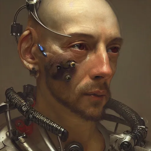 Prompt: Ultra detailed, 4K Portrait of a Cyborg men by Rachel Ruysch