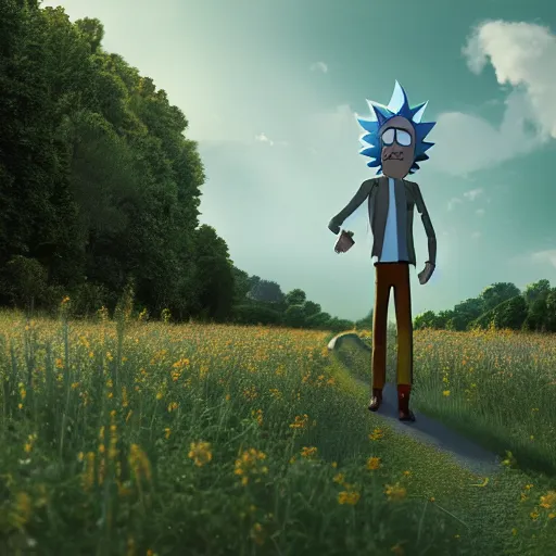 Image similar to portrait of rick sanchez, rick and morty, walking in a field. france, dordogne, hills, ultra high, face to camera, detail, 8 k, sunset, flowers, trees, river, octane render.