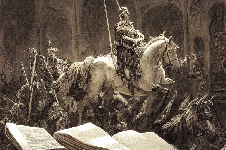 Image similar to painting of big opened book, don quixote comes from the book, cinematic romantic magical masterpiece, by gene wolfe, highly detailed painting by gustave dore