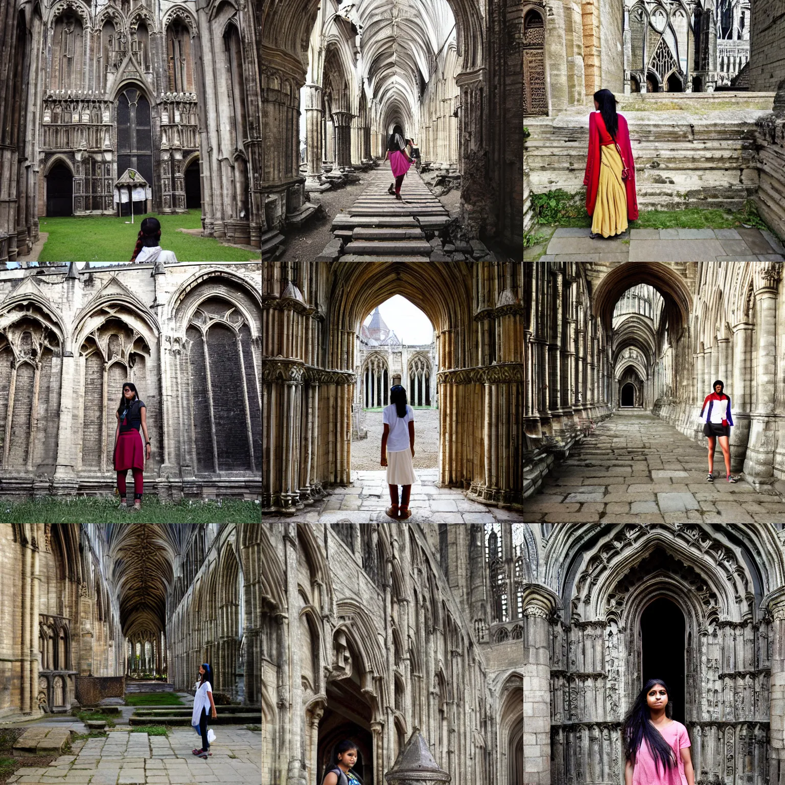 Prompt: A young Indian woman urban explorer, exploring the ruins of Canterbury Cathedral, candid photography by Annie Leibovitz