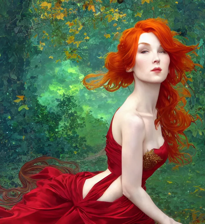 Prompt: portrait of a red haired woman wearing a green satin dress with fine gold filigree, autumn leaves falling, dramatic volumetric lighting, god rays, global illumination, soft, sharp focus, ivy, masterpiece, moss, trending on artstation, cyberpunk concept art by artgerm and Alphonse Mucha and Moebius