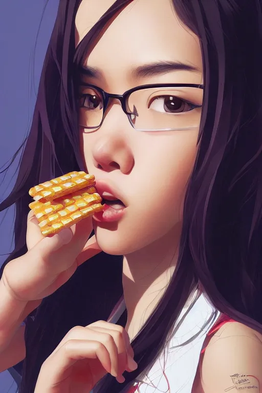 Image similar to asian girl eating a ritz cracker by artgerm, tooth wu, dan mumford, beeple, wlop, rossdraws, james jean, marc simonetti, artstation giuseppe dangelico pino and michael garmash and rob rey and greg manchess and huang guangjian and makoto shinkai