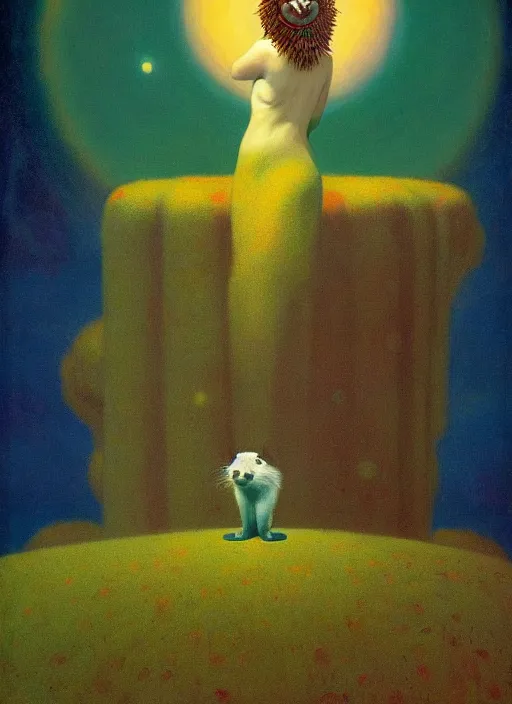 Image similar to the cosmic ferret queen bestows the earth with life, Edward Hopper and James Gilleard, Zdzislaw Beksinski, Mark Ryden, Wolfgang Lettl highly detailed, hints of Yayoi Kasuma, Odilon Redon. Drexler