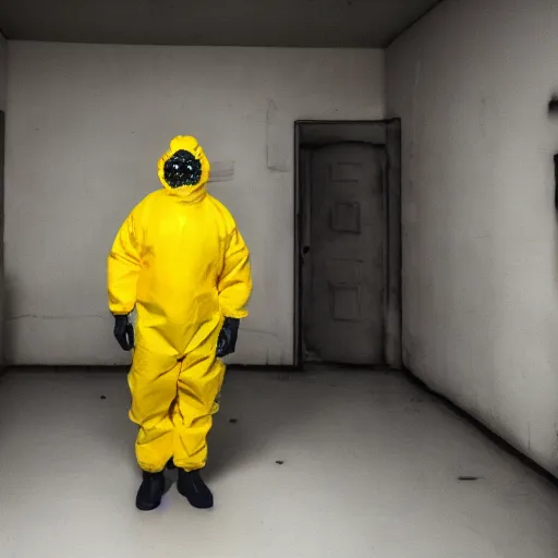 Image similar to a man wearing a yellow hazmat suit inside the very dark lighting empty unsettling creepy backrooms, liminal space, eerie mood, horror movie scene