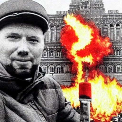 Image similar to the last selfie taken in russia red square, nuclear war, nuclear explosions, russian flag in flames, russian flag burning, terrible mutations and injuries, with a nuclear explosion next to it destroying everything in a second