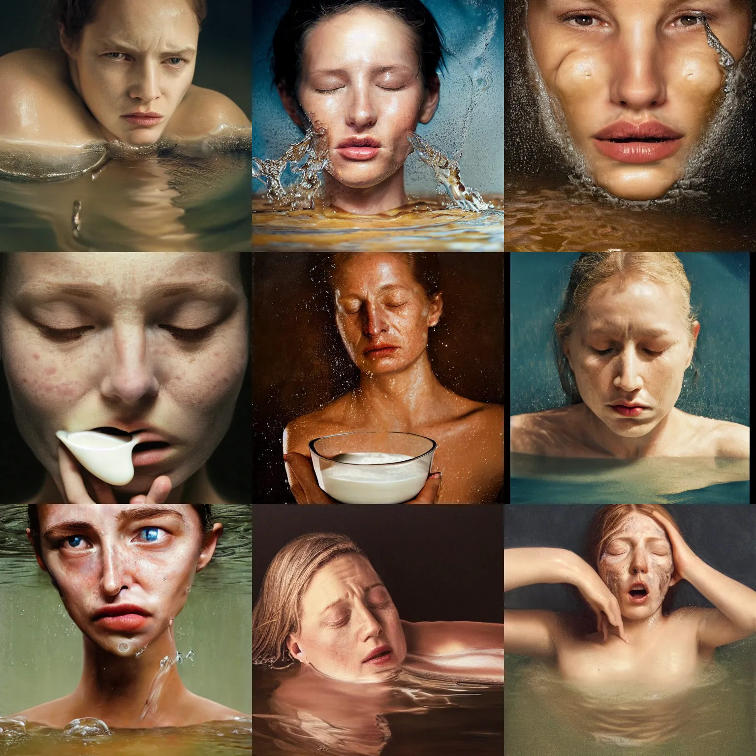 Prompt: a hyperrealistic fine art portrait photo of a human face calmly emerging from a pond of milk, by Annie Leibovitz, smooth shapes and lines, vignette, 35mm lens, golden ratio composition, studio photography, closed eyes, very detailed, artstation, 8K, highly coherent