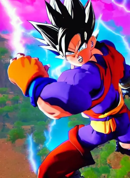 Image similar to game still of a sayan goku as a fortnite skin in fortnite by fortnite, pose.