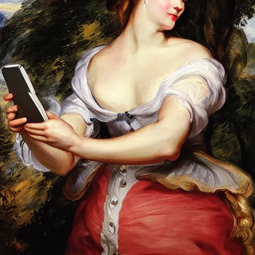 Image similar to heavenly summer sharp land sphere scallop well dressed lady taking a selfie with her iphone auslese, by peter paul rubens and eugene delacroix and karol bak, hyperrealism, digital illustration, fauvist, iphone