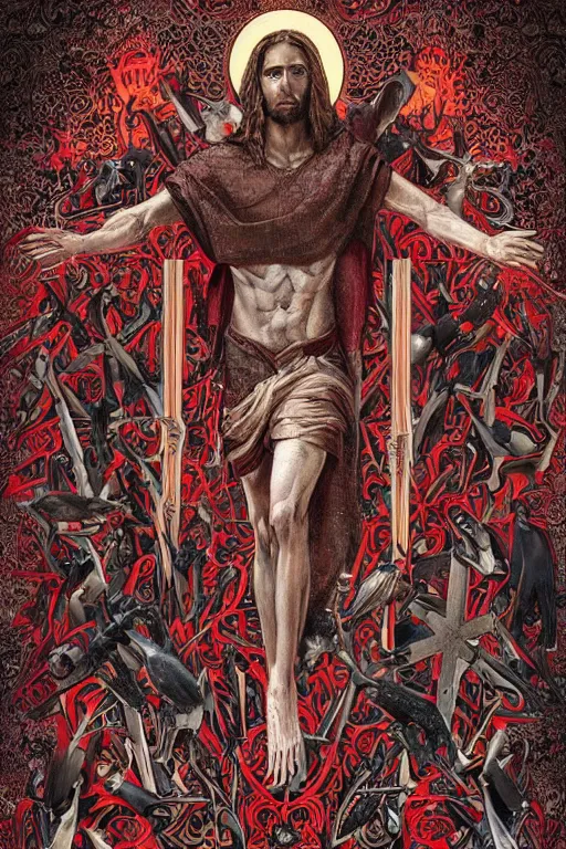 Prompt: blooded jesus christ on mayheim crosses. symmetrical anatomy, very intricate, digital design, perfect details, pop art style, colorful, accompanied by body, pure image without duplication, dribble popular, trending on arstation, drawn by ilya kuvshinov and darbotz and vinicius gud and gustavo zambelli, intricate, ultra high definition.