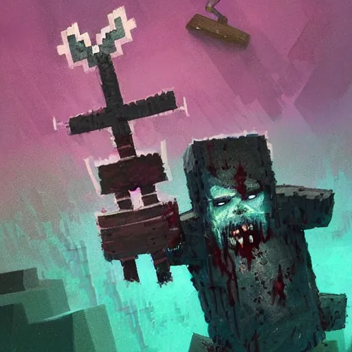 Image similar to painting by greg rutkowski of a minecraft drowned zombie with glowing cyan eyes, wearing ragged clothing and and algae growing on it, holding a trident, underwater