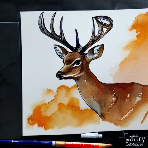 Image similar to water color and pen, high resolution, detailed, trending on artstation, deer