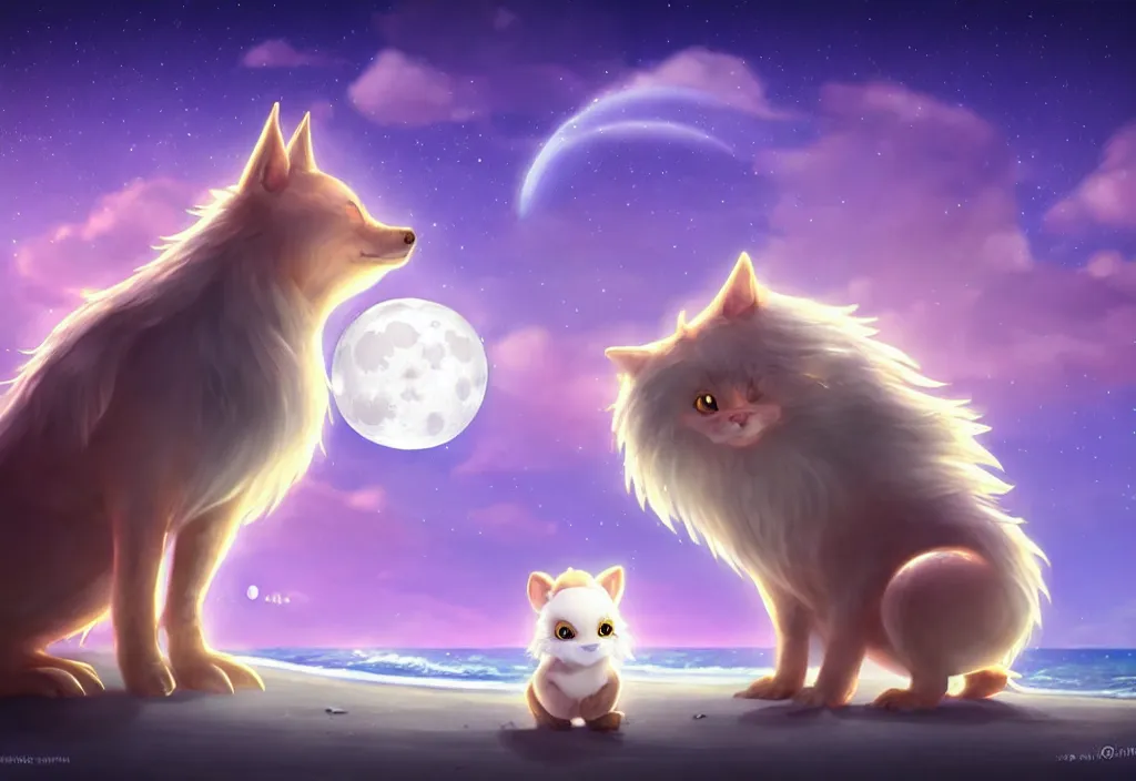 Prompt: cute magical fantasy animal at a beach looking at the moon, ultra realistic, concept art, highly detailed