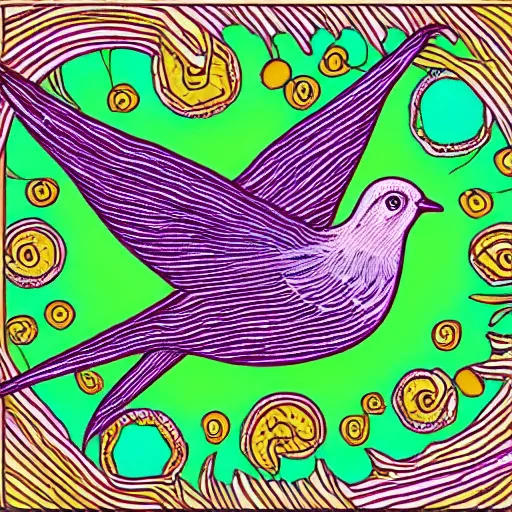 Image similar to illustration of dove inside an ear, palette of primaries, flat colors, flat linework, grainy filter, stippling, psychodelic