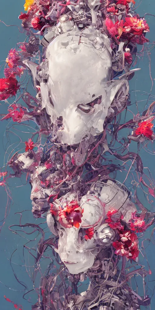 Image similar to surreal gouache painting, by yoshitaka amano, by ruan jia, by conrad roset, by kilian eng, by good smile company, detailed anime 3 d render of a mechanical android head with flowers growing out, portrait, cgsociety, artstation, modular patterned mechanical costume and headpiece, retrowave atmosphere