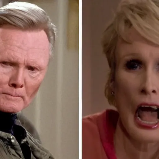 Image similar to john voight is a ghostbuster, capturing jane lynch horrible scary poltergeist, practical effects, monster makeup, gritty film, melting face, skeletal scream
