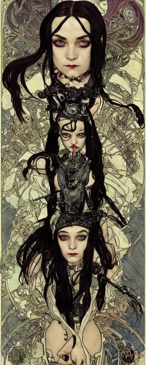 Image similar to beautiful stunning sci - fi art nouveau portrait of wednesday addams as a mad max style thrashpunk rebel soldier by michael kaluta, moebius and alphonse mucha, photorealism, extremely hyperdetailed, perfect symmetrical facial features, perfect anatomy, ornate declotage, weapons, circuitry, high technical detail, determined expression, piercing gaze