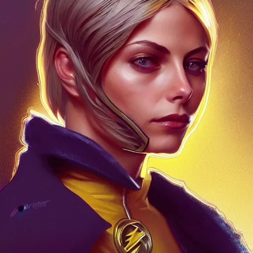 Image similar to Willa Holland with blonde hair as Kid Flash, western, D&D, fantasy, intricate, elegant, highly detailed, digital painting, artstation, concept art, matte, sharp focus, illustration, art by Artgerm and Greg Rutkowski and Alphonse Mucha