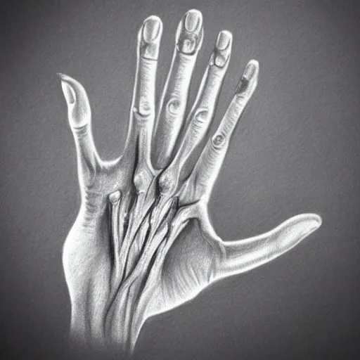 Image similar to hyper realistic drawing of a normal human hand, five fingers, normal, anatomical correct