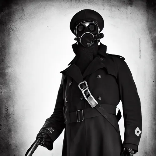 Prompt: a trenchcoat soldier wearing a gasmask and officer hat, standing on street corner, gritty, noir