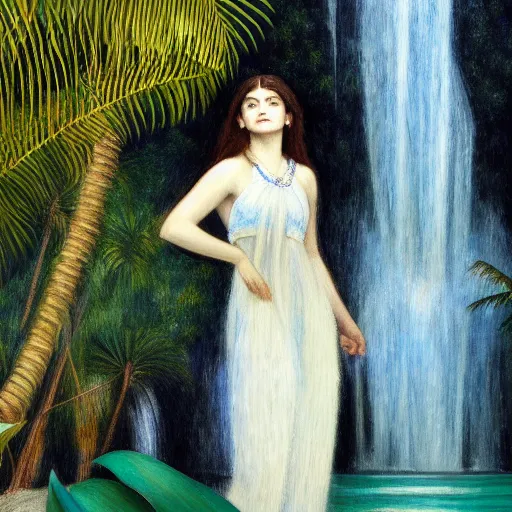 Image similar to a ultradetailed beautiful painting of lorde standing in front of the diamonds waterfall in the amazonas palace balustrade designed by jules bastien - lepage, tarsila do amaral, frank weston and gustave baumann, beach, trending on artstation, mediterranean, palm trees, sharp focus, soft light, 8 k 4 k