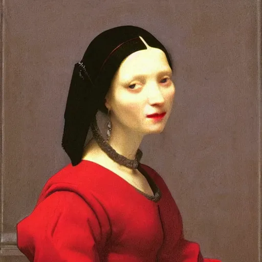 Prompt: sublime portrait of a woman in a red satin dress, very pale, graceful yet imposing, by Vermeer, strong dramatic cinematic lighting, 17th-century, smooth, sharp focus, extremely detailed