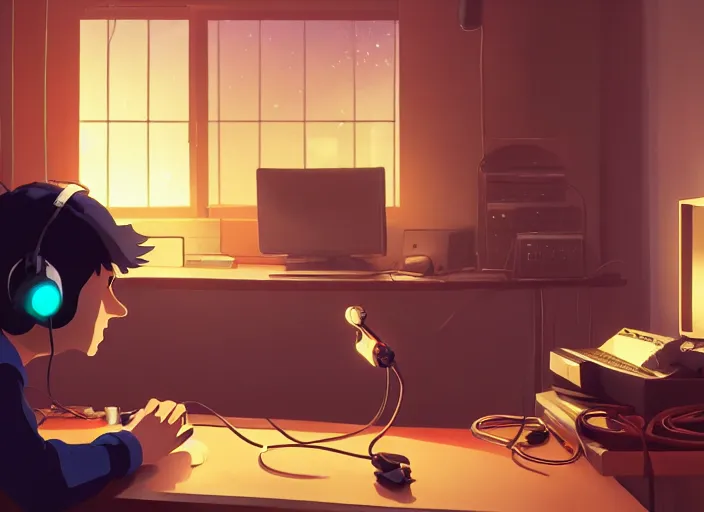 Image similar to man with headphones at his home studio producing music late at night, very detailed, 4 k, cory loftis, james gilleard, atey ghailan, makoto shinkai, goro fujita, studio ghibli, rim light, exquisite lighting, clear focus, very coherent