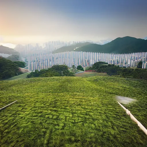 Image similar to an ariel photo of a landscape full of rolling hills made of graves hong kong cemetery photorealism