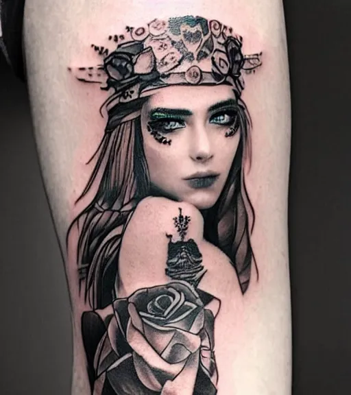 Image similar to tattoo design on white background of a beautiful girl warrior, roses, hyper realistic, realism tattoo, by eliot kohek, beautiful eyes, realistic face, black and white