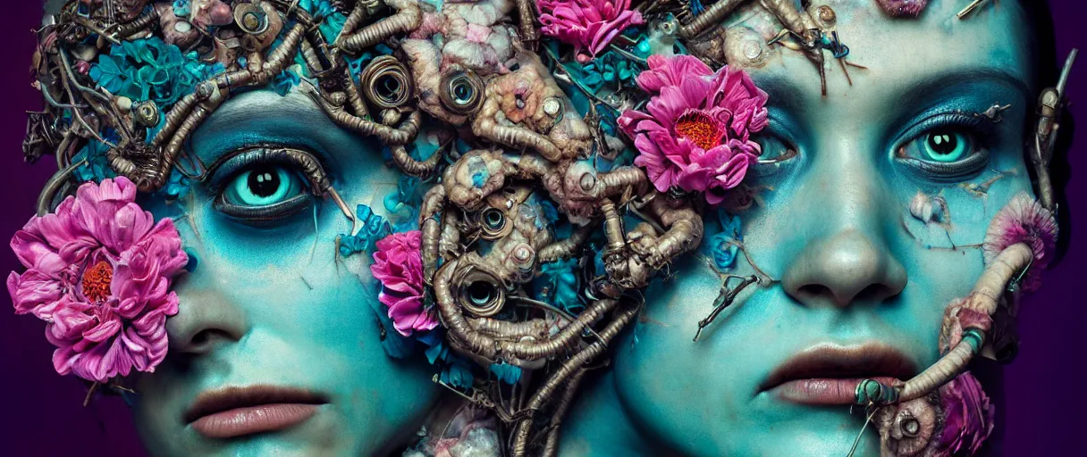 Image similar to hyperrealistic hyper detailed neo-surreal close-up 35mm side portrait of cyborg covered in rococo flower tattoos matte painting concept art hannah yata very dramatic dark teal lighting low angle hd 8k sharp shallow depth of field