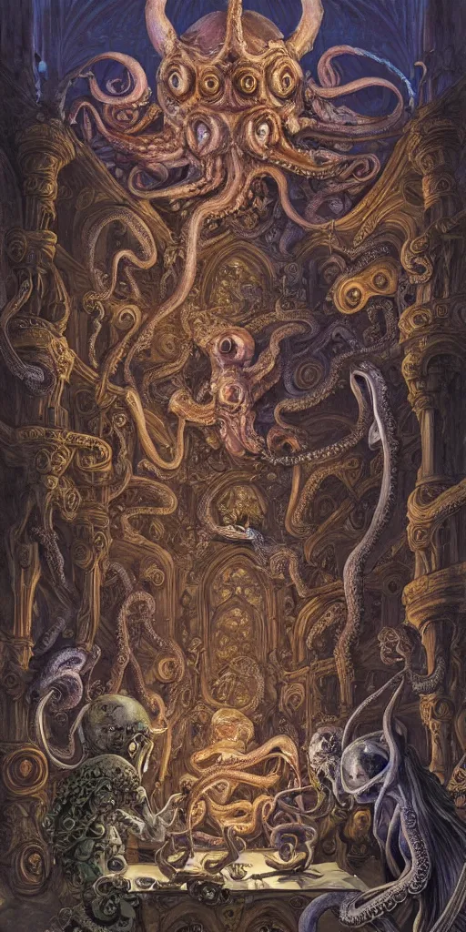 Image similar to mages with human bodies and magical armour with octopus heads sitting near the table in an ancient mage castle with enormous scale, gothic and baroque, brutalist architecture, ultradetailed, Intricate by James Jean and Josan Gonzalez and John Howe and Giuseppe Arcimboldo