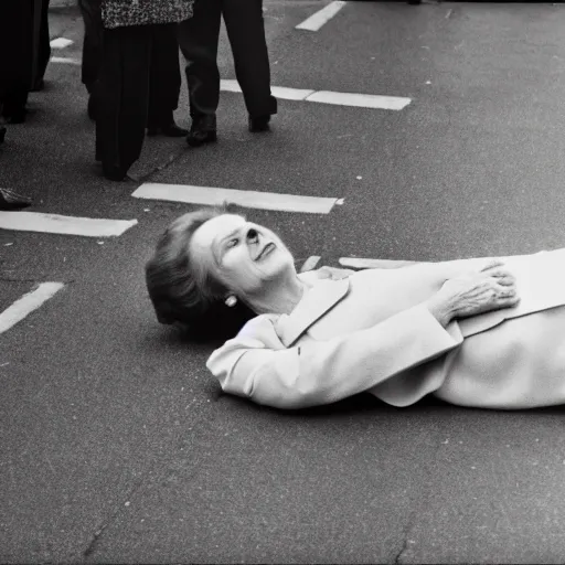Image similar to margaret thatcher lying beneath a busy paved road
