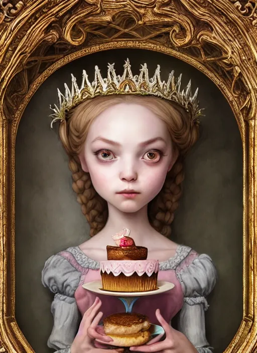 Image similar to highly detailed closeup portrait of a fairytale medieval princess eating cakes, unreal engine, nicoletta ceccoli, mark ryden, lostfish, earl norem, global illumination, god rays, detailed and intricate environment