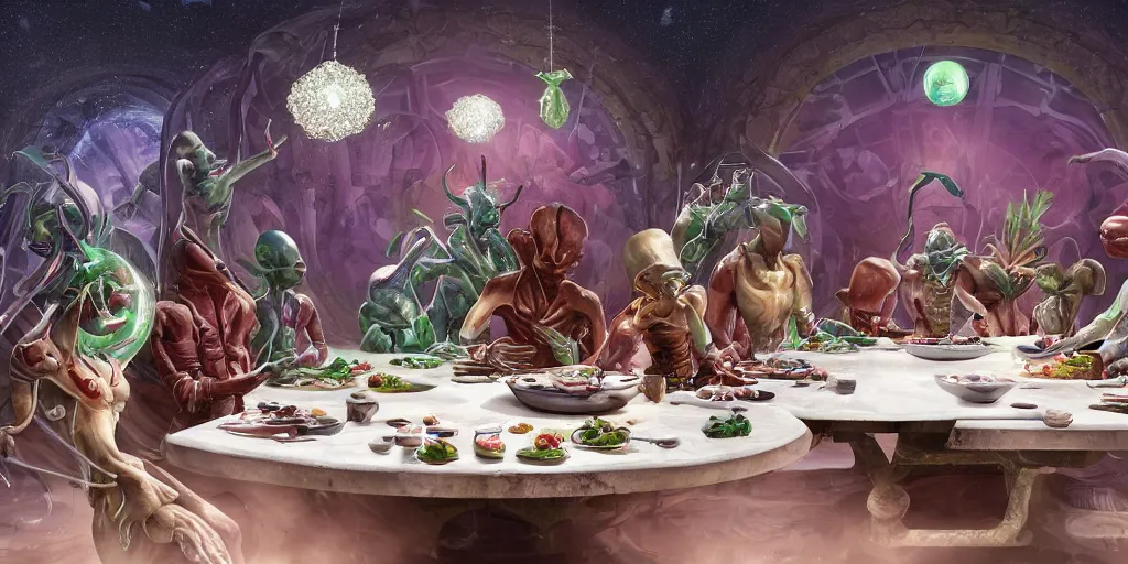 Image similar to !view from the kitchen, chefs cooking, in the background we see 13 diverse aliens enjoying a rich salad around a marble table, !positioned as last supper cinematic lighting, crystals and diamonds, fantasy, surreal, floating, highly detalied, 4k, artstation, by Wayne Barlowe