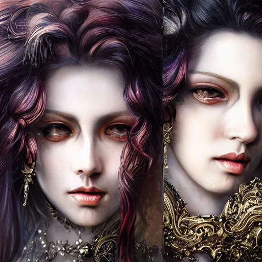 Image similar to portrait, headshot, insanely nice professional hair style, dramatic hair color, digital painting, of a old 17th century, old cyborg merchant, amber jewels, baroque, ornate clothing, scifi, realistic, hyperdetailed, chiaroscuro, concept art, art by Franz Hals and Jon Foster and Ayami Kojima and Amano and Karol Bak,