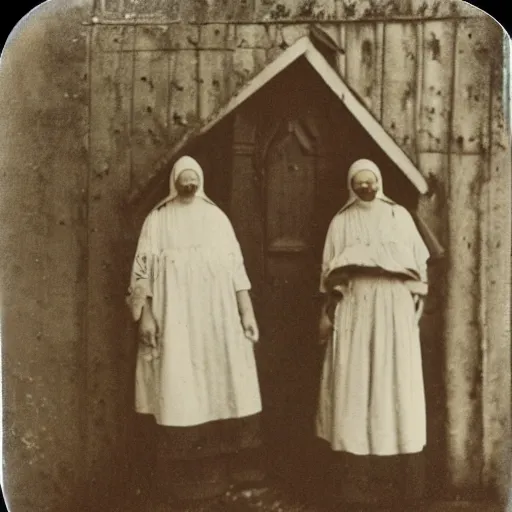 Prompt: strange nuns, rural town, tuscany, photo taken on an old box camera, color photo, film grain, 1920s, Daguerreotype, old photo, detailed, grotesque