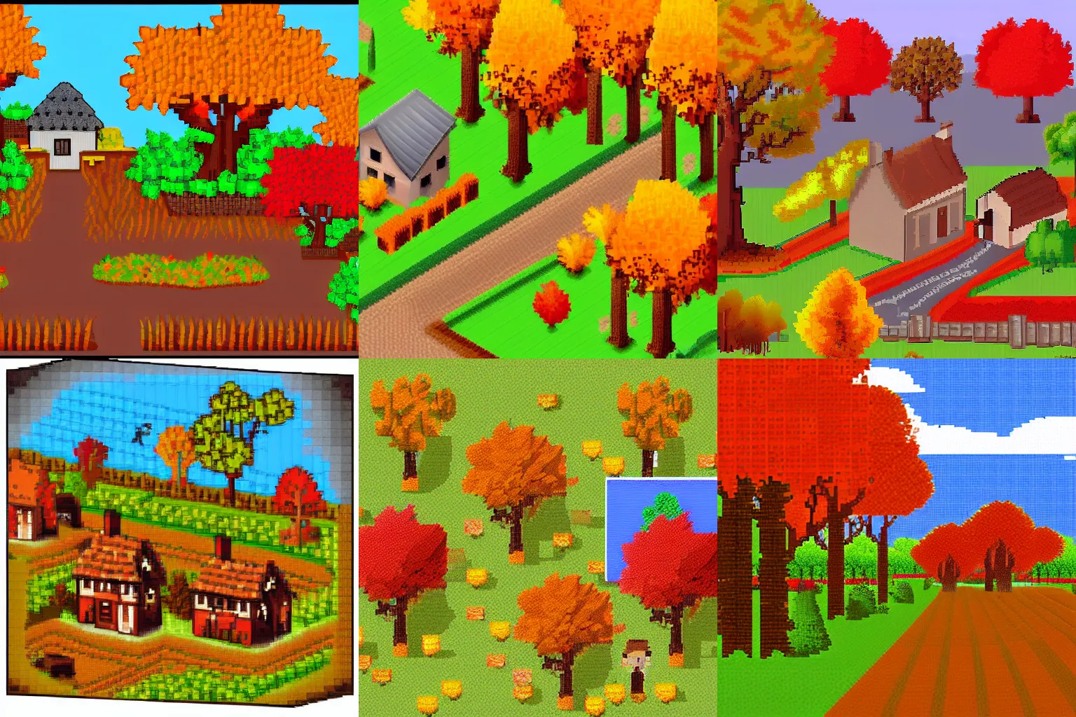 Prompt: a small village in the countryside, autumn leaves, pixel art, 32bit