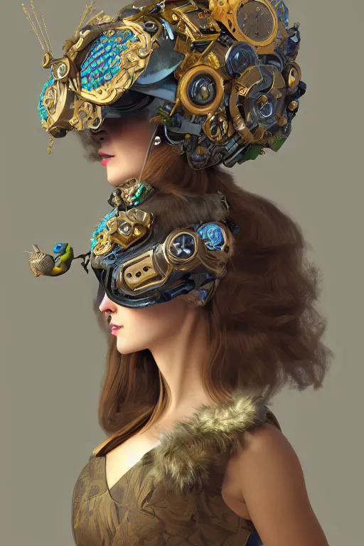 Prompt: cyber helmet 3 d render of english princess holding birds, ornaments, mucha vibe, dieselpunk, solarpunk, artstation, andrei riabovitchev