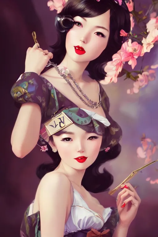 Image similar to a pin up and beautiful fashion charming dreamlke japan girl with lv jewelry, character art, art by artgerm lau and wlop and and ilya kuvshinov and john singer sargent, hyperdetailed, 8 k realistic, symmetrical, frostbite 3 engine, cryengine, dof, trending on artstation, digital art