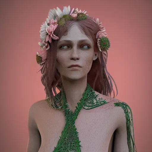 Image similar to cthulhy woman, clothes made out of flower, bedroom, ultra realistic, concept art, intricate details, highly detailed, photorealistic, octane render, 8 k