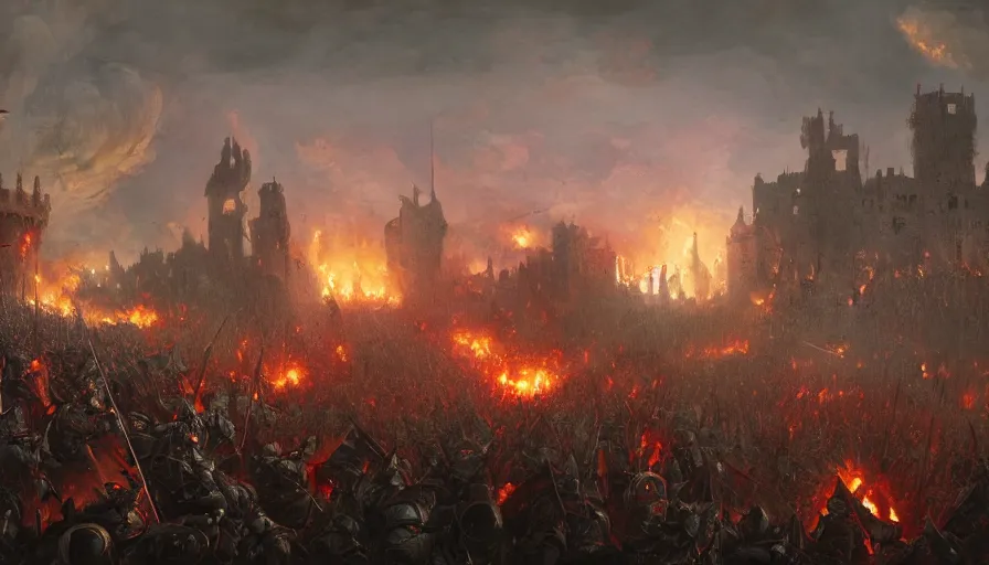 Prompt: 1 7 0 0's painting of huge war between knights and zombies in england, burning castle, hyperdetailed, artstation, cgsociety, 8 k