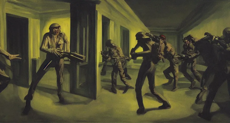 Prompt: attack zombie during worldwar 2, dark forest, horror, great space, by edward hopper,