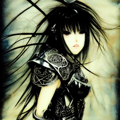 Image similar to Yoshitaka Amano realistic illustration of an anime girl with black eyes, wavy white hair fluttering in the wind and cracks on her face wearing Elden ring armour with engraving, abstract black and white patterns on the background, noisy film grain effect, highly detailed, Renaissance oil painting, weird portrait angle, blurred lost edges, three quarter view