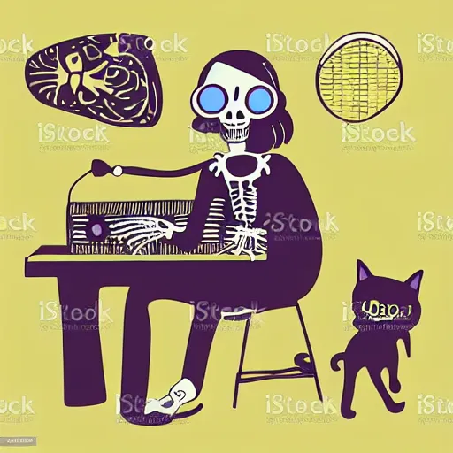 Image similar to skeleton wearing headphones watching girl playing guitar with her black cat, vector art